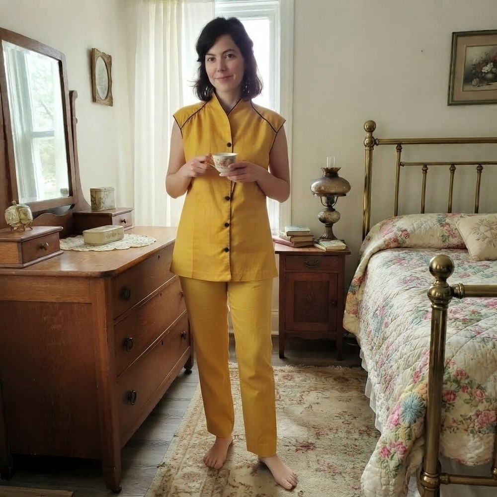 Vintage‎ 1970s Pajama Set Womens Small Yellow 2 Piece Loungewear Top PJ Pants